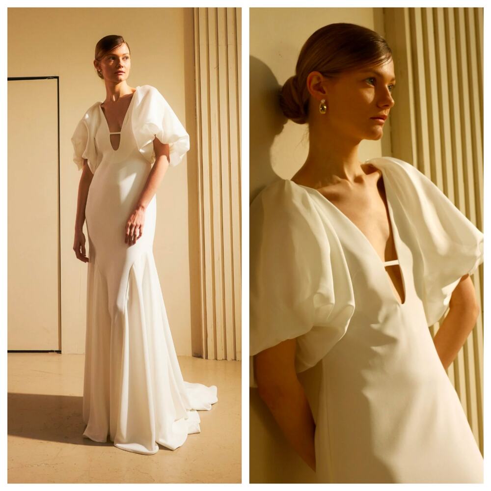 Besa Ali Alice Wedding Dress 14 Crepe Open Back Removable Puff Sleeve Bridal